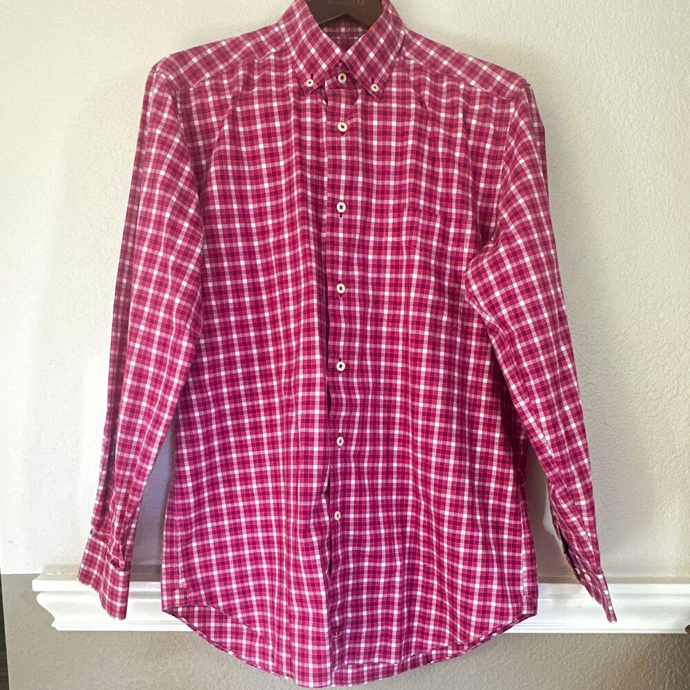 David Donahue Men's L Pink White Check Button Down Shirt Long Sleeve Cotton